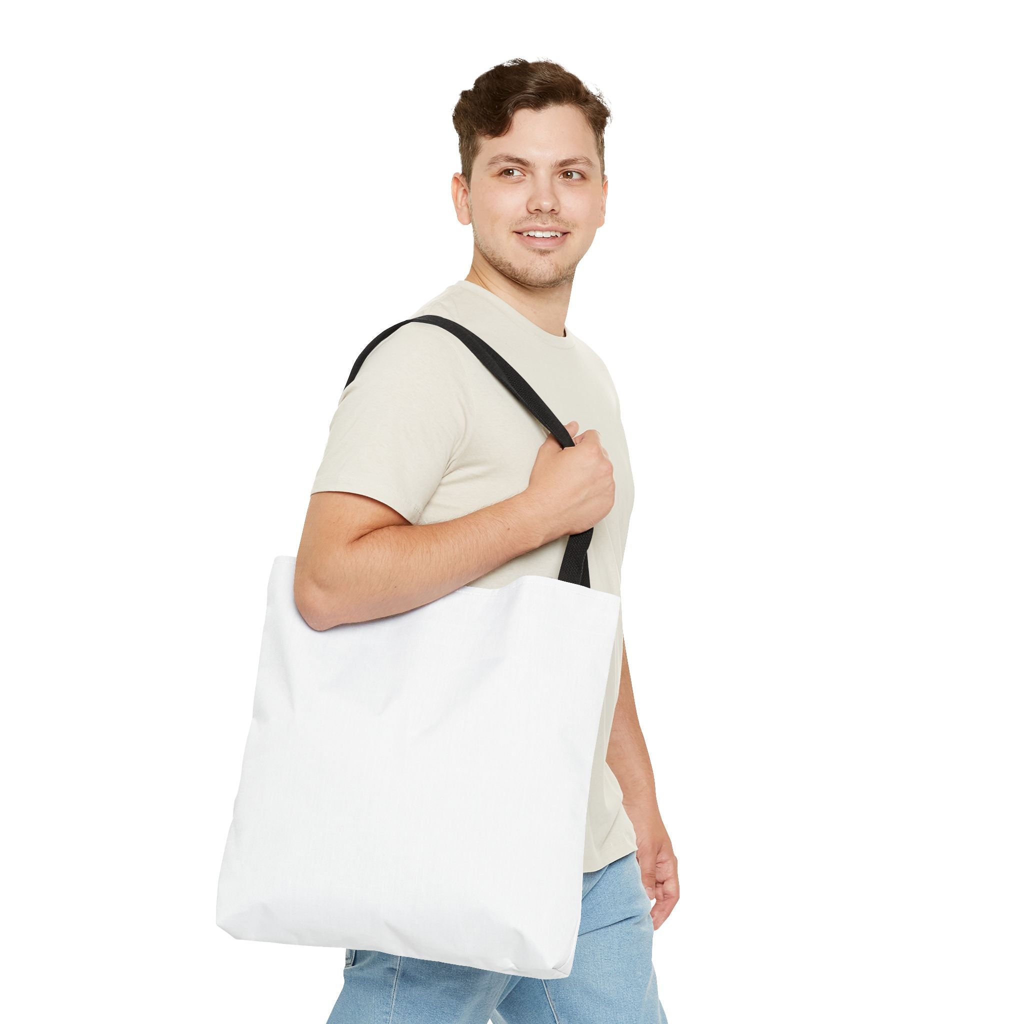 All-Over Print Tote Bag — Customizable White Canvas Tote with Long Black Straps