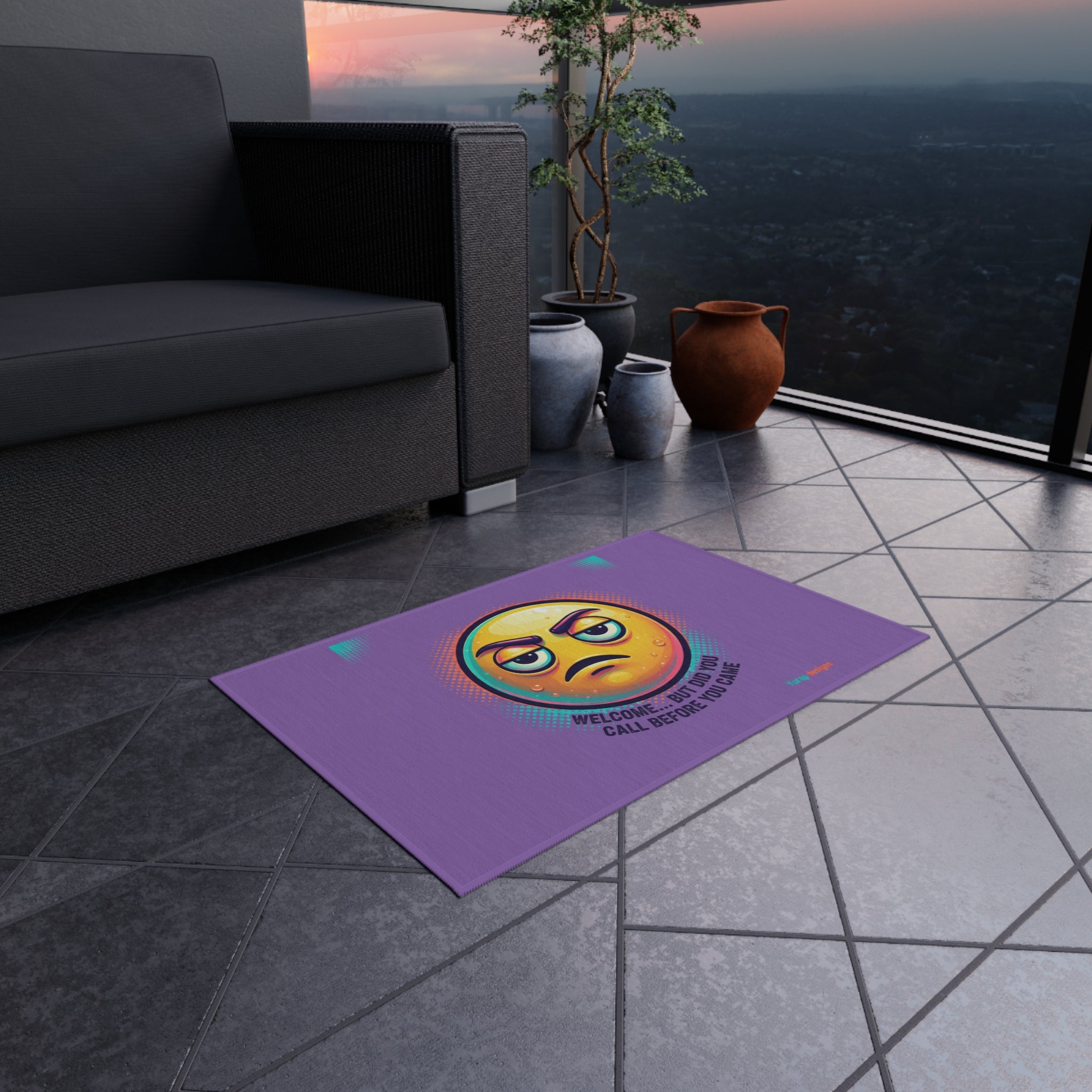 Grumpy Emoji Outdoor Rug — "Welcome... But Did You Call Before You Came" Doormat- Yurap Designs.