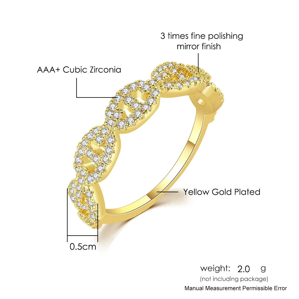 Hip Hop Link Ring for Womens Gold Color Micro-inlaid Zircon Stacking Rings Female Jewelry Fashion Punk Accessories Wholesale R720