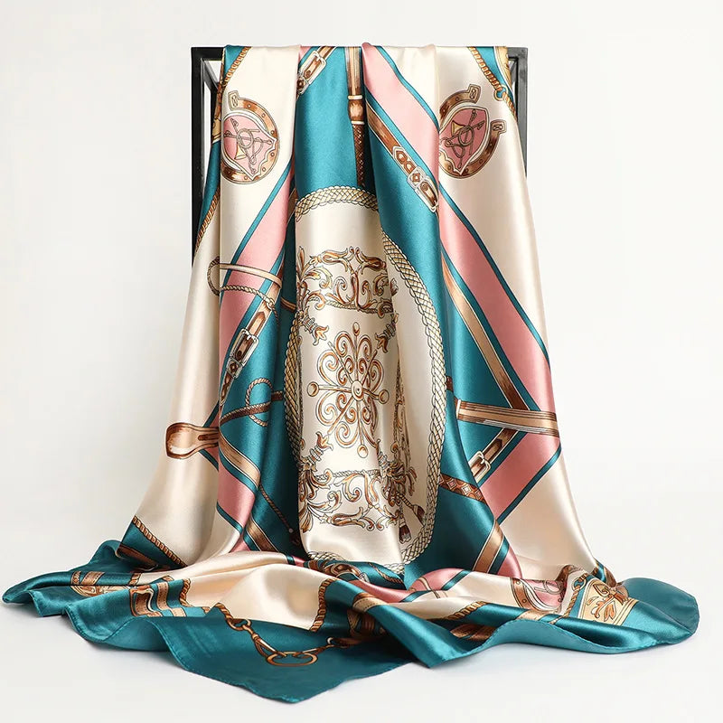 Handkerchiefs Hair Silk Scarf 90*90cm Print Satin Big Square Silk Scarves Shawls for Women Luxury Brand Designer Hijab Headband