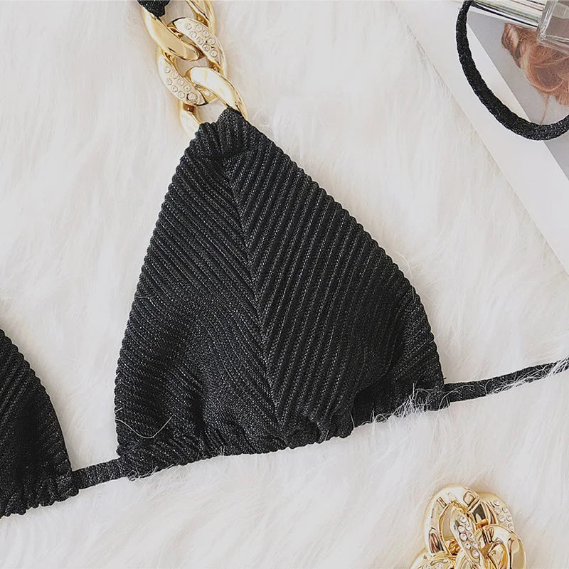 Halter Chains Rhinestone Diamond Bikini Women Swimsuit Female Ribbed Swimwear Two Pieces Bikini set Brazilian Bathing Suit Swim