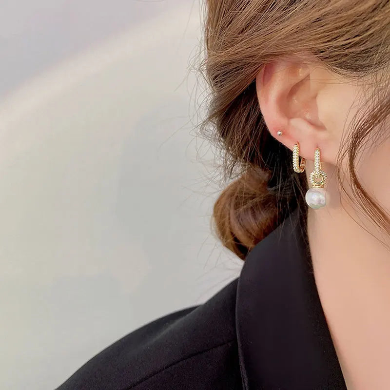 JUWANG Round Shape Romantic Exquisite Zircon Earring For Lady Temperament Shine 14K Real Gold Luxury Pearl Trend Earring Pendant