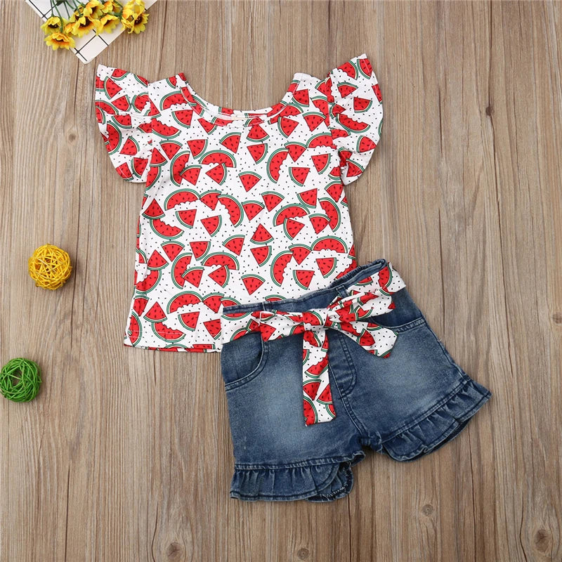 Toddler Kids Baby Girl Cartoon Floral Clothes Set Cotton Tops T-shirt Denim Pants Shorts Children Summer Outfits Clothes Sunsuit