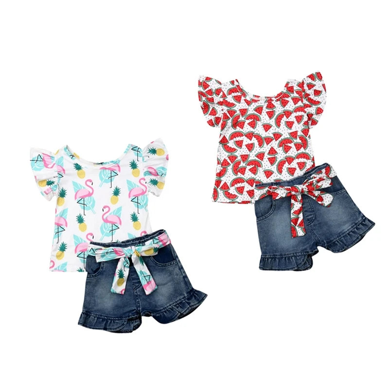 Toddler Kids Baby Girl Cartoon Floral Clothes Set Cotton Tops T-shirt Denim Pants Shorts Children Summer Outfits Clothes Sunsuit