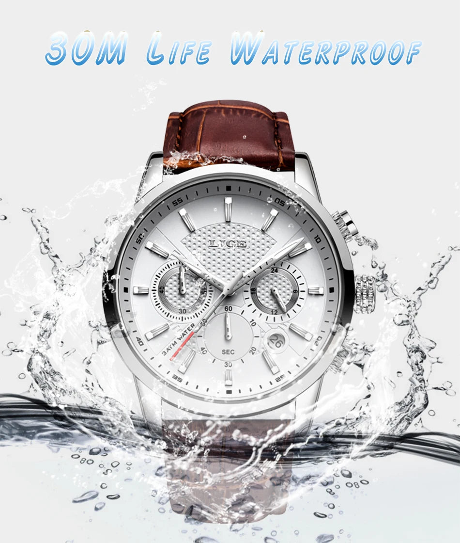 2025 New Mens Watches LIGE Top Brand Luxury Leather Casual Quartz Watch Men's Sport Waterproof Clock Watch Relogio Masculino+Box