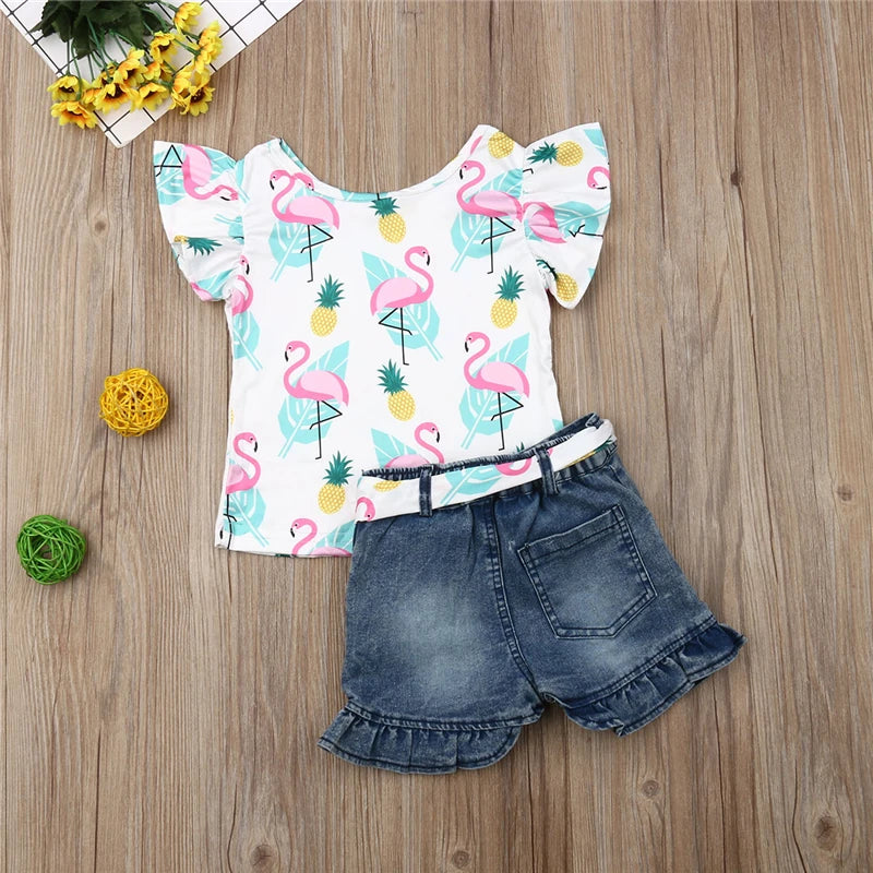 Toddler Kids Baby Girl Cartoon Floral Clothes Set Cotton Tops T-shirt Denim Pants Shorts Children Summer Outfits Clothes Sunsuit
