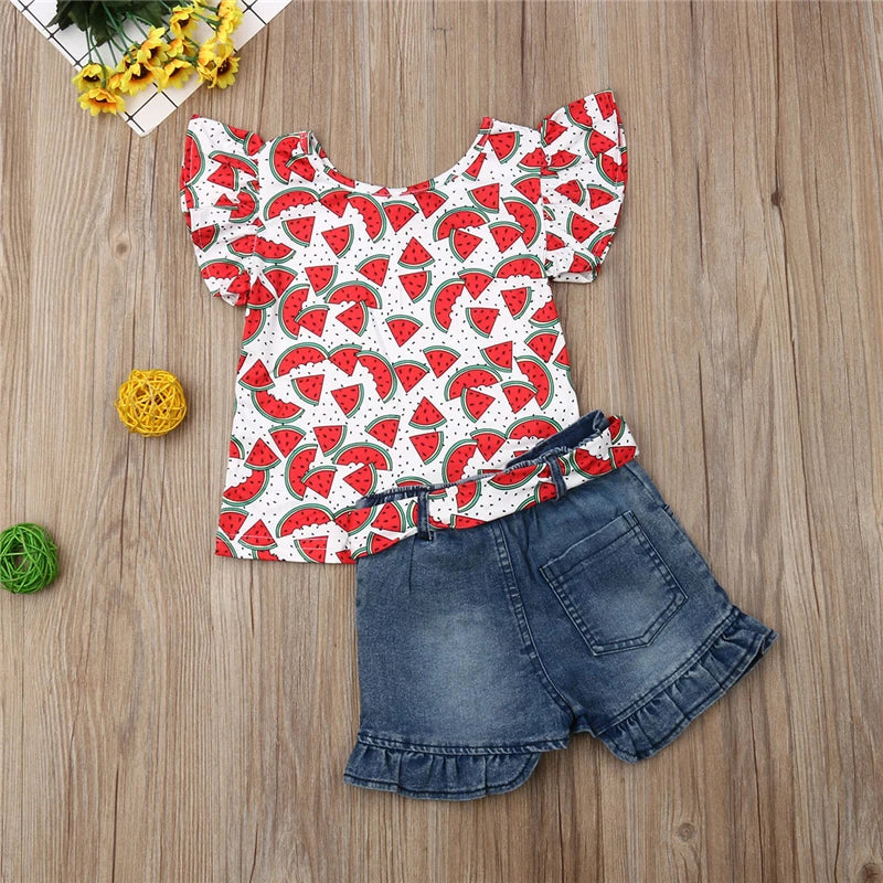 Toddler Kids Baby Girl Cartoon Floral Clothes Set Cotton Tops T-shirt Denim Pants Shorts Children Summer Outfits Clothes Sunsuit