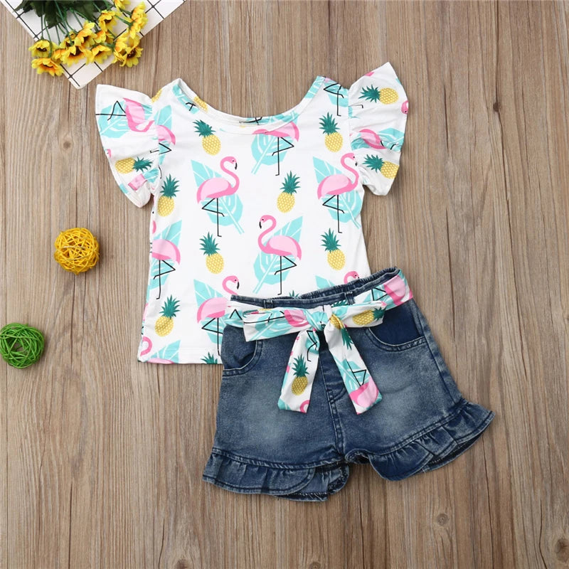 Toddler Kids Baby Girl Cartoon Floral Clothes Set Cotton Tops T-shirt Denim Pants Shorts Children Summer Outfits Clothes Sunsuit