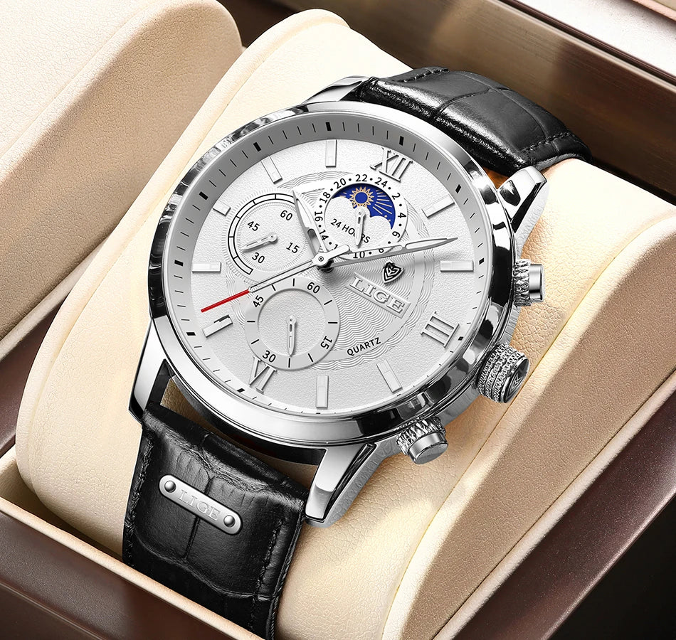2025 New Mens Watches LIGE Top Brand Luxury Leather Casual Quartz Watch Men's Sport Waterproof Clock Watch Relogio Masculino+Box