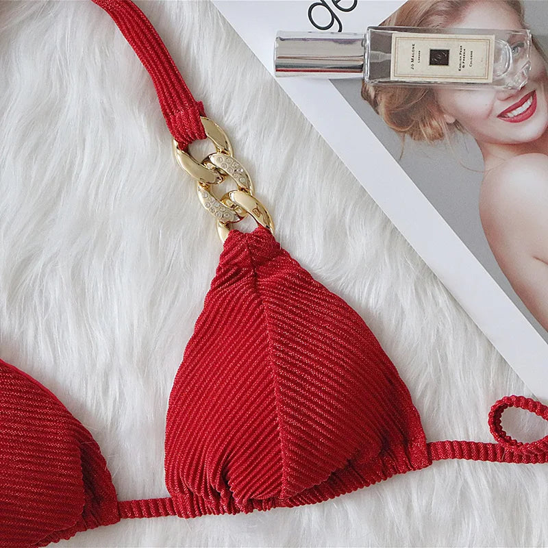 Halter Chains Rhinestone Diamond Bikini Women Swimsuit Female Ribbed Swimwear Two Pieces Bikini set Brazilian Bathing Suit Swim