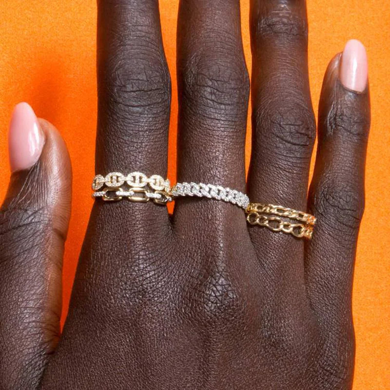 Hip Hop Link Ring for Womens Gold Color Micro-inlaid Zircon Stacking Rings Female Jewelry Fashion Punk Accessories Wholesale R720