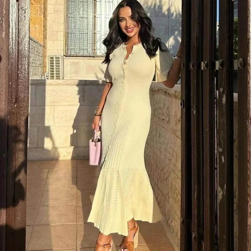 Elegant Pleated Hem Street Fashion O Neck Bell Sleeve Slim Knit Midi Dress 2026 Women Summer Beach Swimsuit Cover Up Tunic A3055