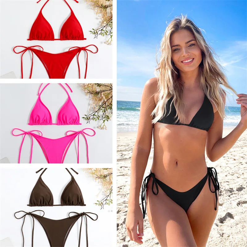 Sexy Women Thong Solid Color Bikini Set Women Side Halter Tie Swimsuit Split Strap Adjustable Brazilian Swimwear Beachwear