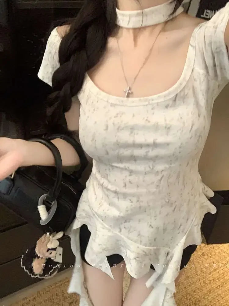 Summer Woman Tshirts Sweet Crop Tops 2025 Ropa Mujer Koream Camisetas Tunic Sexy Tees Chic Tie-dye Ruffles Irregular Y2k T-shirt