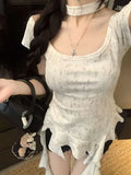 Summer Woman Tshirts Sweet Crop Tops 2025 Ropa Mujer Koream Camisetas Tunic Sexy Tees Chic Tie-dye Ruffles Irregular Y2k T-shirt