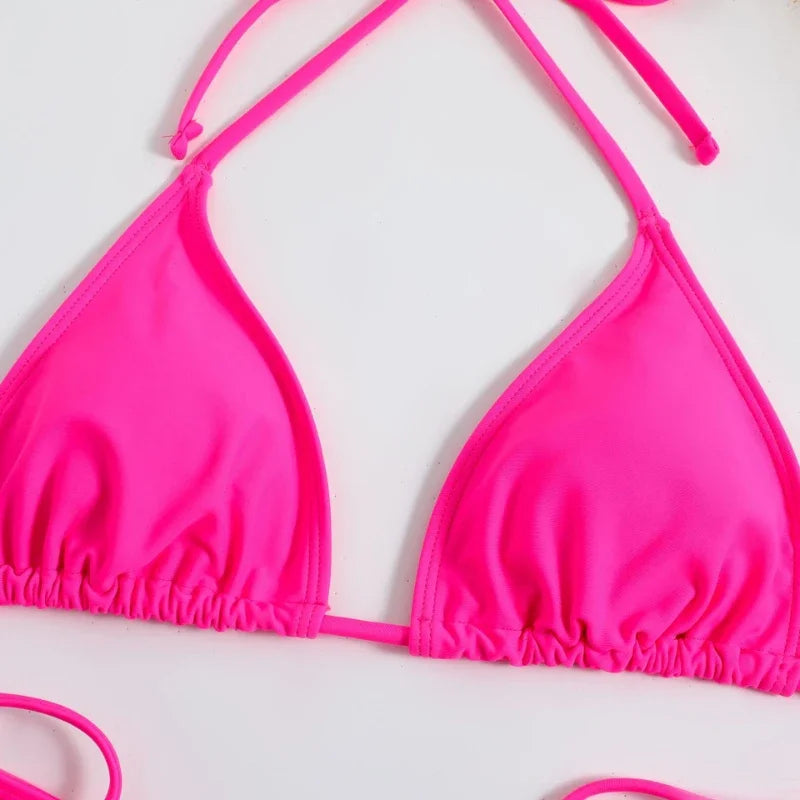 Sexy Women Thong Solid Color Bikini Set Women Side Halter Tie Swimsuit Split Strap Adjustable Brazilian Swimwear Beachwear