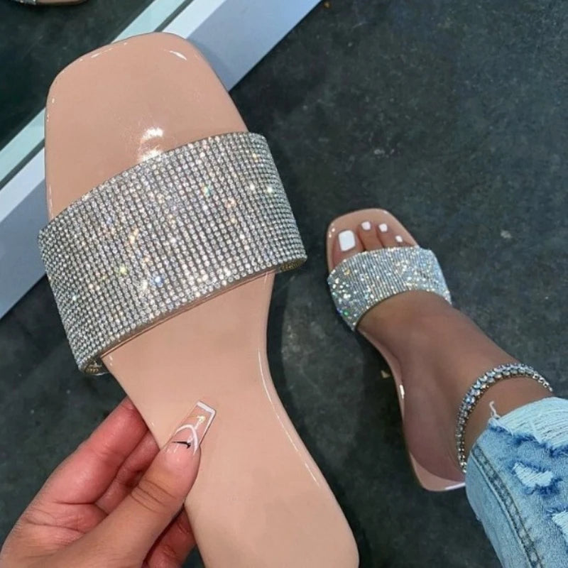 Summer Sandals Women Flip Flops Rhinestone Flat Sandals Ladies Slippers Shoes Female Round Toe Bling Luxury Sandalias Mujer