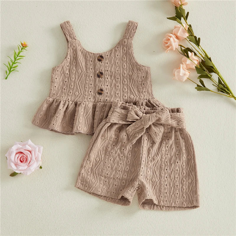 Toddler Kids Girls Clothes Set Fashion Toddler Girls Hollowed Camisole with Tie-up Shorts Solid Summer 2-piece Outfit
