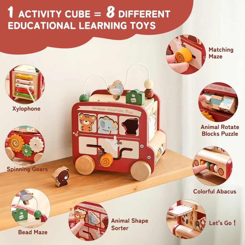 Montessori Wooden Children Toys Busy Toys Educational Games Bus 5 in 1 Busy Box Toys Montessori Baby Toys 0 12 months Gifts Kids