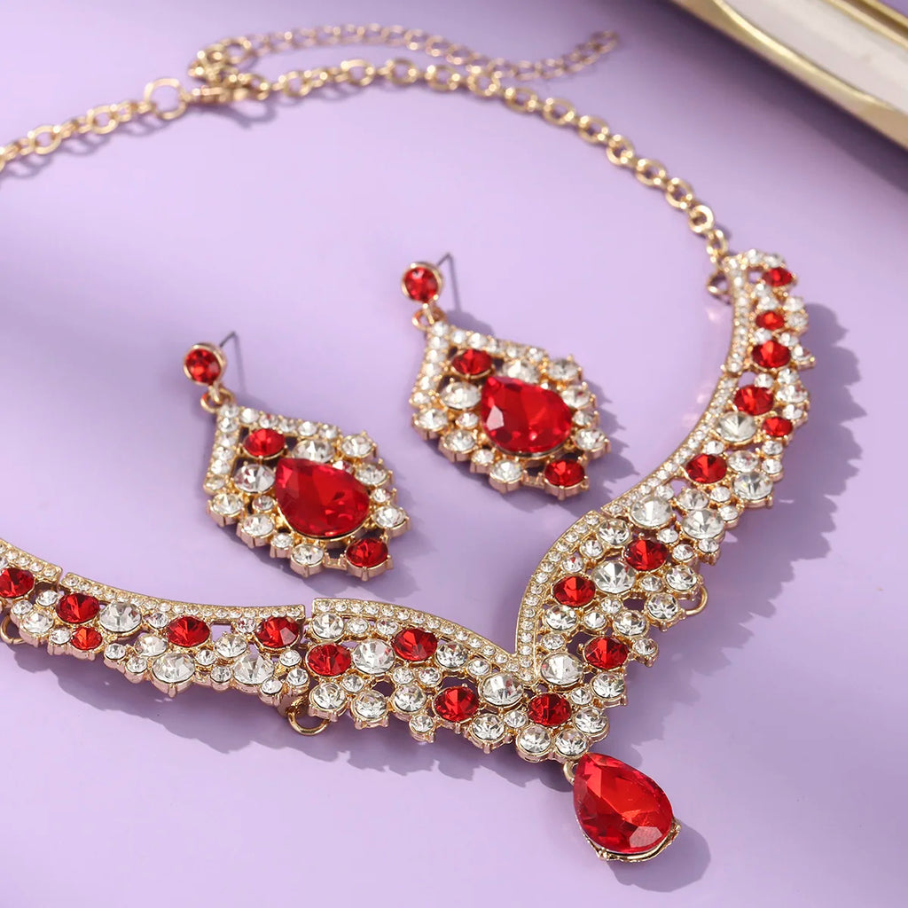 Royal Blue Crystal Wedding Jewelry Sets for Brides Luxurious V-Shape Water Drop Necklace Earrings Set Fashion Trendy Jewelry Ac