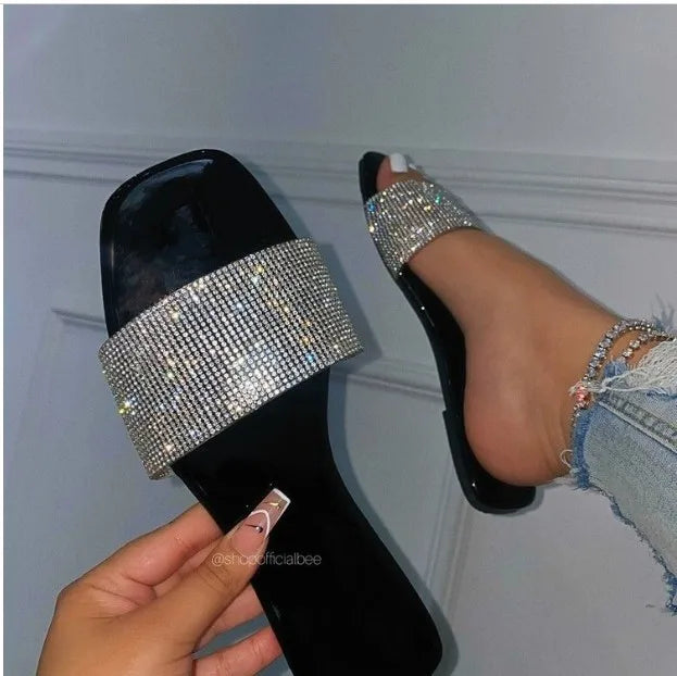 Summer Sandals Women Flip Flops Rhinestone Flat Sandals Ladies Slippers Shoes Female Round Toe Bling Luxury Sandalias Mujer