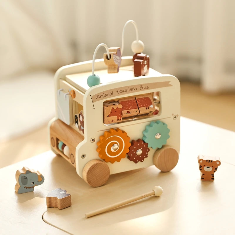 Montessori Wooden Children Toys Busy Toys Educational Games Bus 5 in 1 Busy Box Toys Montessori Baby Toys 0 12 months Gifts Kids