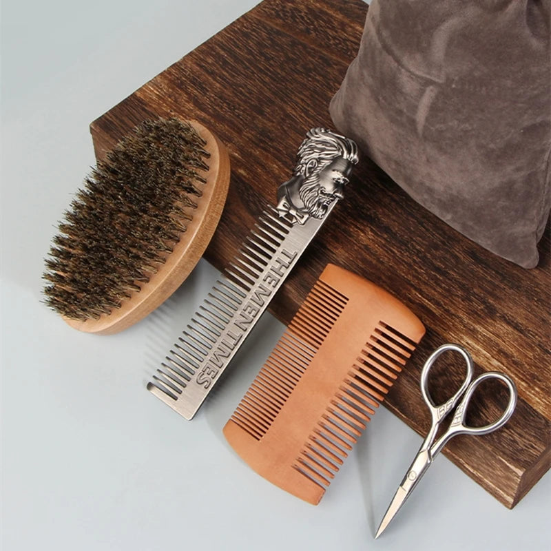 5pcs Beard Brush & Styling Kit - Boar Bristle Brush, Double-Sided Wooden Comb, Scissors, Hair Comb, Professional Grooming Tools