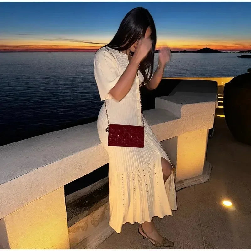 Elegant Pleated Hem Street Fashion O Neck Bell Sleeve Slim Knit Midi Dress 2026 Women Summer Beach Swimsuit Cover Up Tunic A3055