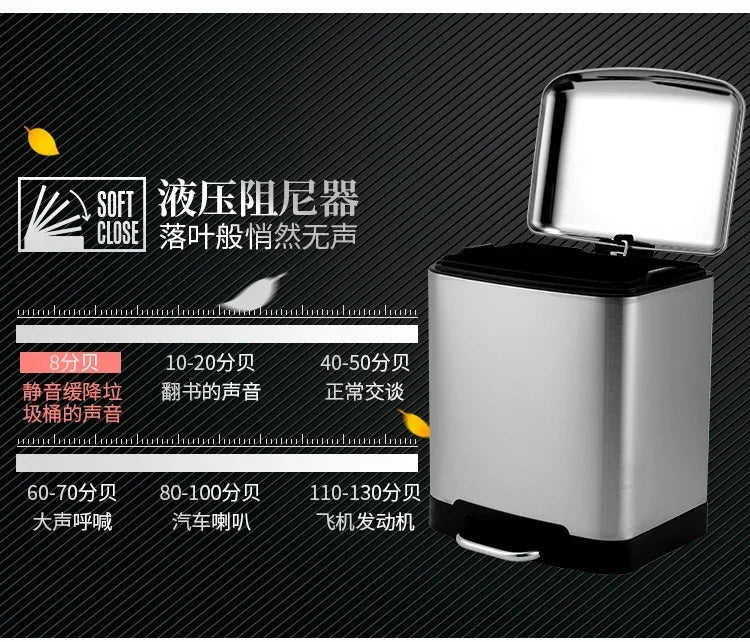 Kitchen Waste Bin 9L, Square Pedal Trash Can with Cover, Stainless Steel Double Bucket Design for Efficient Waste Disposal