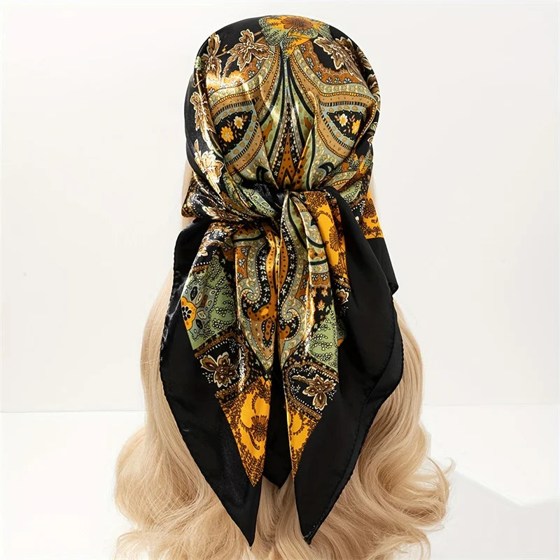 Handkerchiefs Hair Silk Scarf 90*90cm Print Satin Big Square Silk Scarves Shawls for Women Luxury Brand Designer Hijab Headband