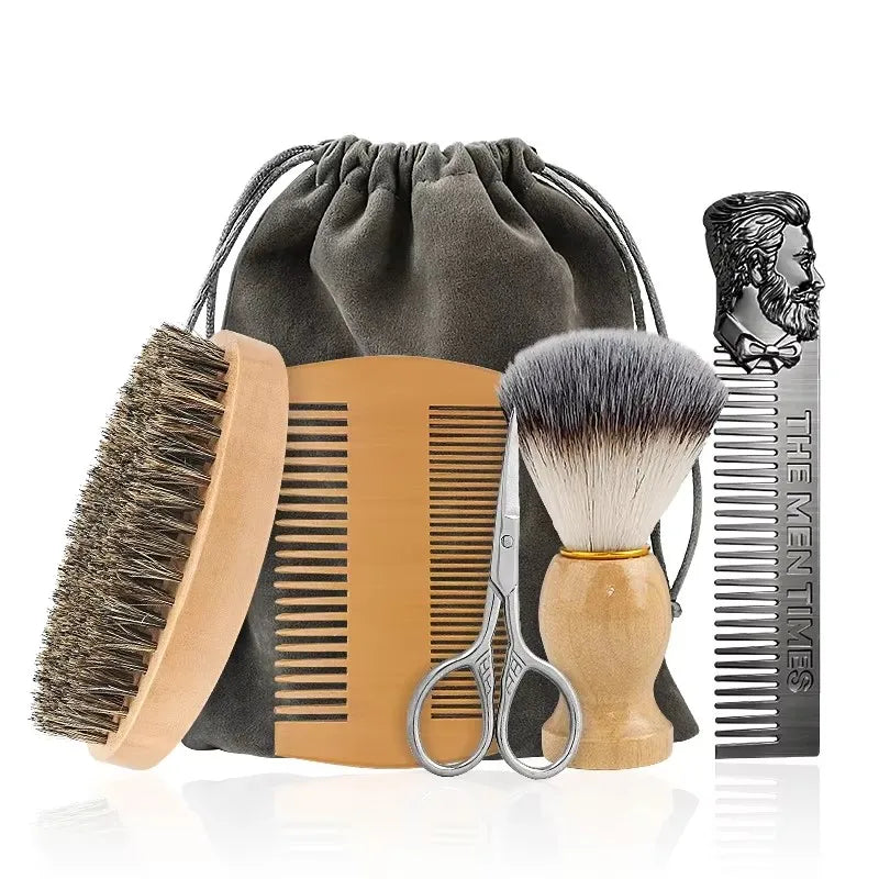 Boar Bristle Wood Beard Brush Kits With Gift Bag Professional Soft Hairdresser Shaving Brush Comb Set Men Mustache Combs