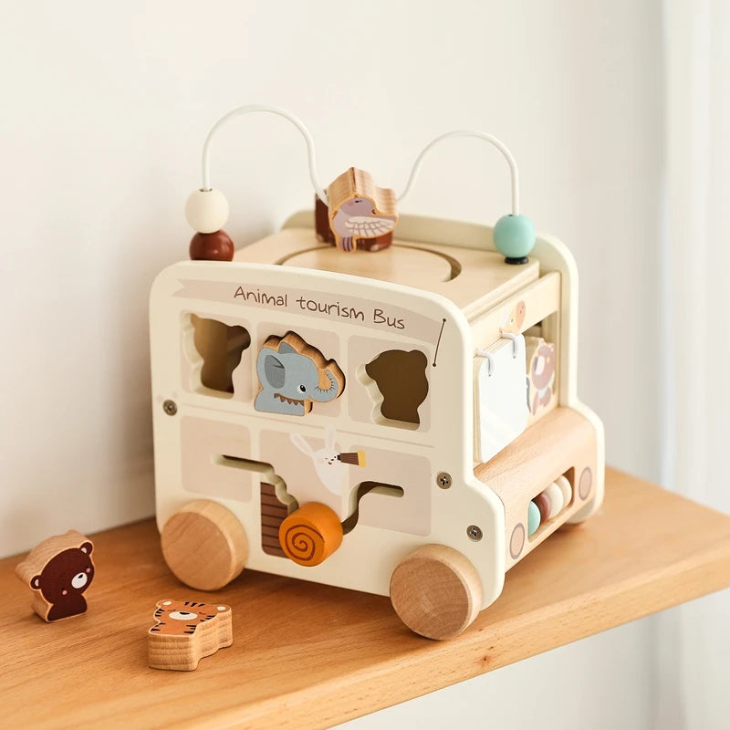 Montessori Wooden Children Toys Busy Toys Educational Games Bus 5 in 1 Busy Box Toys Montessori Baby Toys 0 12 months Gifts Kids