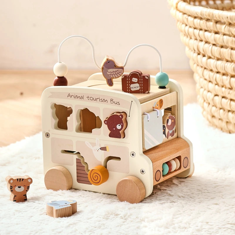 Montessori Wooden Children Toys Busy Toys Educational Games Bus 5 in 1 Busy Box Toys Montessori Baby Toys 0 12 months Gifts Kids