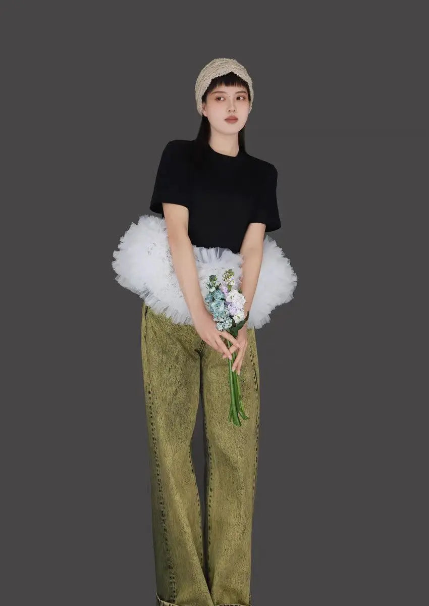 Summer Woman Fairy Mesh Spliced Ruched T-shirt Multi-Layers Gauze Ruffles Patchwork Tees Net Yarn Pleated Jumpers Crop Tops 2025
