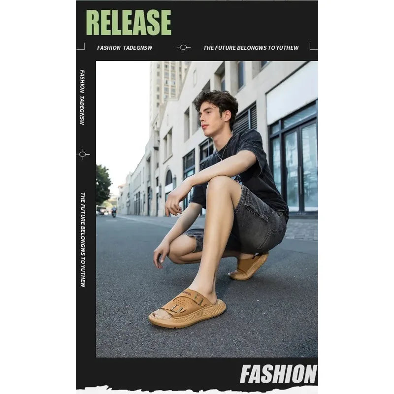 New Business Style Sandals For Men Handmade One Strap Slides Casual Outdoor Beach Walking Comfortable Non-Slip Footwear