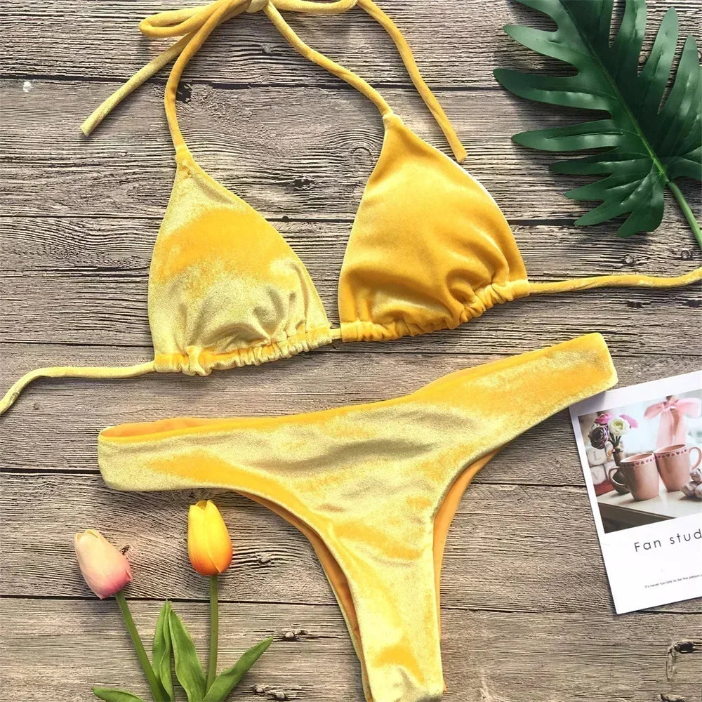 Velvet Bikini Thong Halter Strappy Swimsuit Classic Swimwear Two Piece Women 2026 Beach Outfit Triangle Bikinis Set Bathing Suit