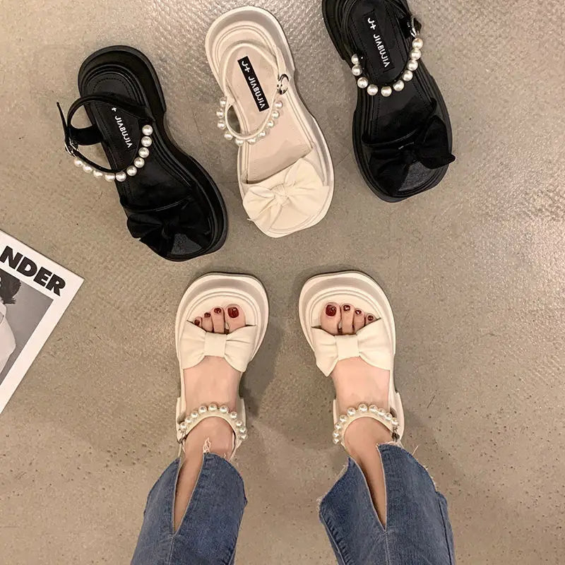 Summer 2025 Sandals for Women Platform One Word Pearl Ladies Shoes Open Toe Beach Wholesale Daily Original Vintage Vip Footwear