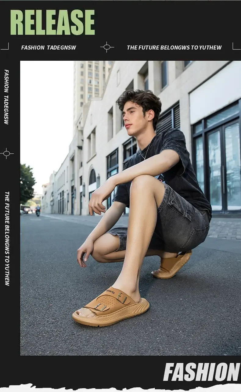 New Business Style Sandals For Men Handmade One Strap Slides Casual Outdoor Beach Walking Comfortable Non-Slip Footwear