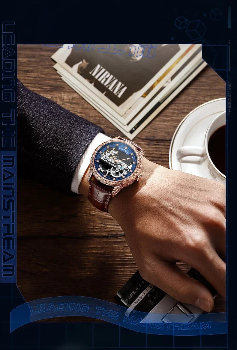 High-End Waterproof Automatic Mechanical Watch with Genuine Leather Strap And Stainless Steel Transparent Back Cover