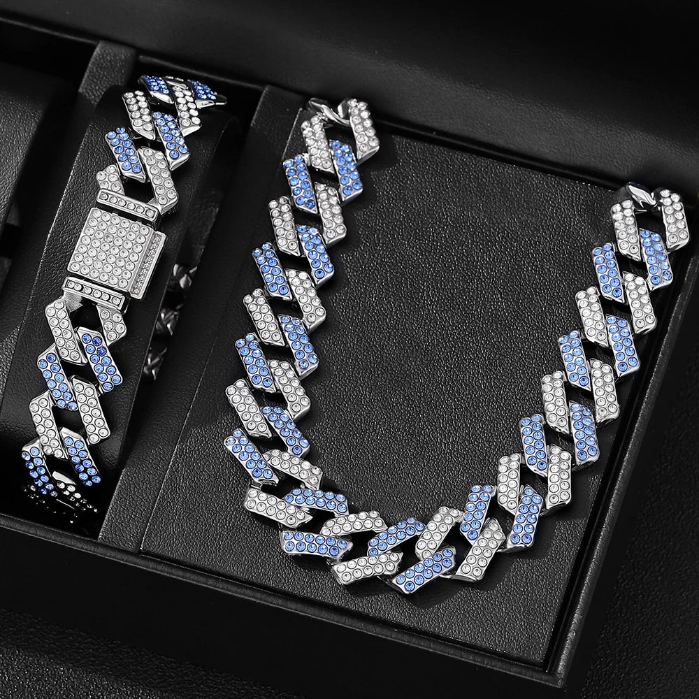 2pcs Jewelry Set Hip Hop Geometric Cuban Chain Neck Fashionable High Quality Hip Hop Rhinestones Neck Bracelet Jewelry holiday gi