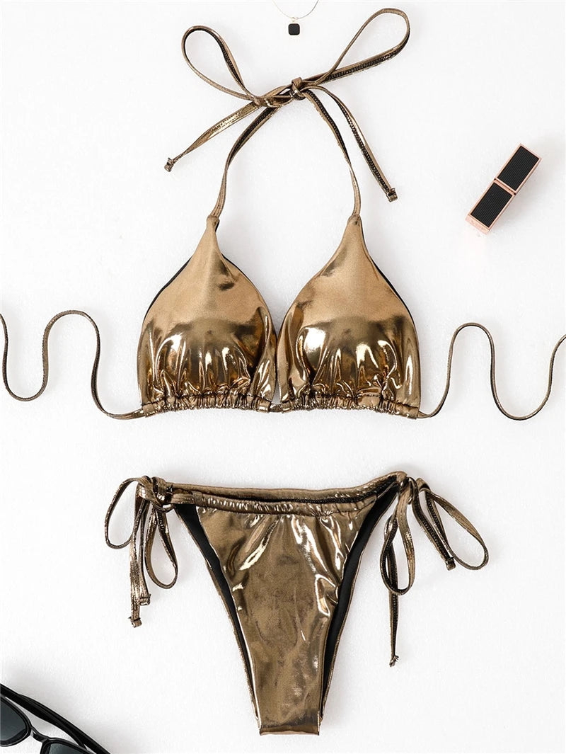 3 Pieces Bikini Set Pleate Skirt Glossy Solid Gold Swimsuit Halter Push Up Bra Beach Bathing Suit Swimwear Bronzing Fabric Wear