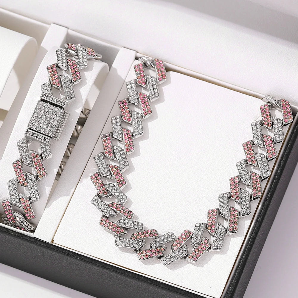 2pcs Jewelry Set Hip Hop Geometric Cuban Chain Neck Fashionable High Quality Hip Hop Rhinestones Neck Bracelet Jewelry holiday gi