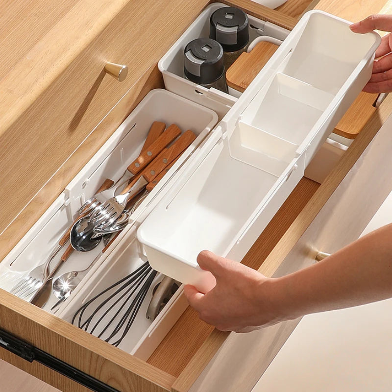 Kitchen Telescopic Drawer Organizer Cabinets Tableware Classified Storage Box with Partitions Multifunctional Storage basket