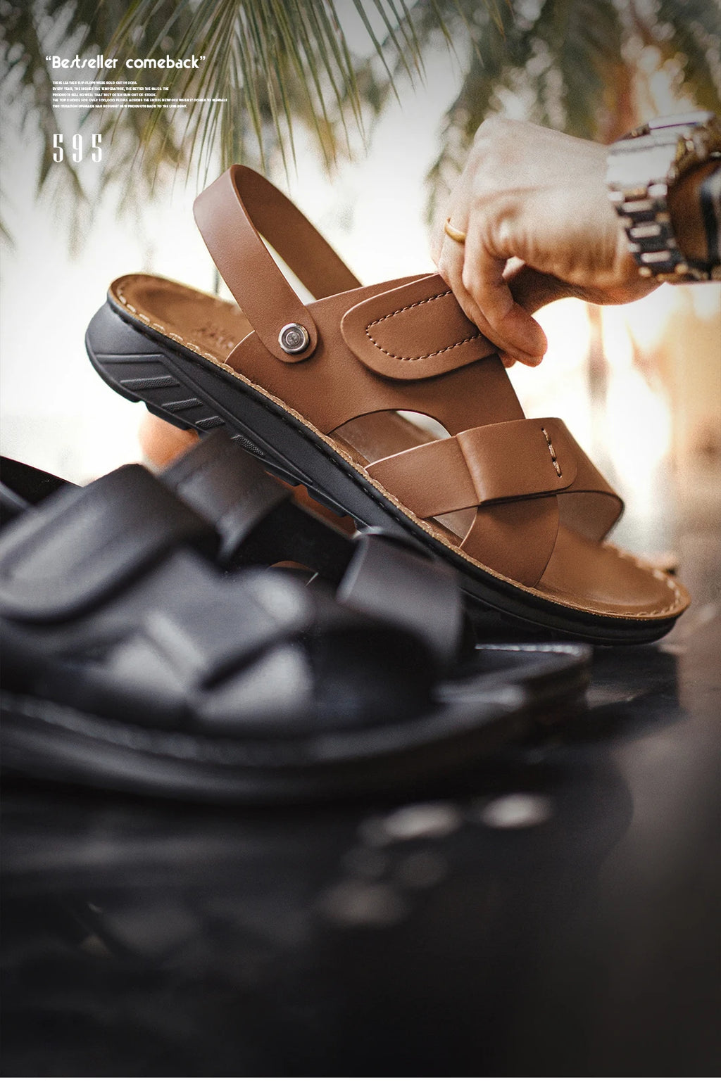 Maden Men's Summer Outdoor Sandals 2-in-1 Beach Slides Synthetic Leather Business Casual Driving Shoes Brown Adjustable Sandals