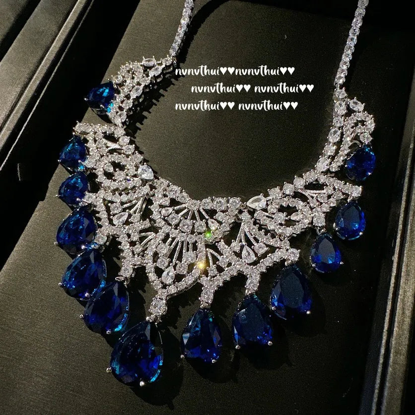 Noble Temperament Water Drop Royal Blue Earring Necklace 14K White Gold Plated Exaggerated Elegant Engagement Wedding Bridal Set