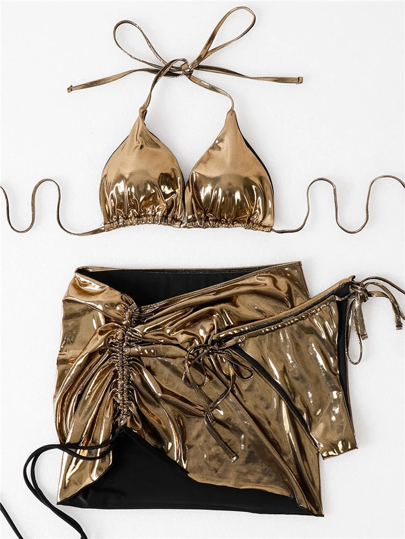 3 Pieces Bikini Set Pleate Skirt Glossy Solid Gold Swimsuit Halter Push Up Bra Beach Bathing Suit Swimwear Bronzing Fabric Wear