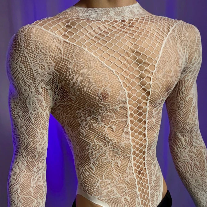 Gentlemen Mesh Clothes White Red Men's Bodysuits Male Long Sleeved Underwear Fetish Breathable Uniforms hombre ropa interior