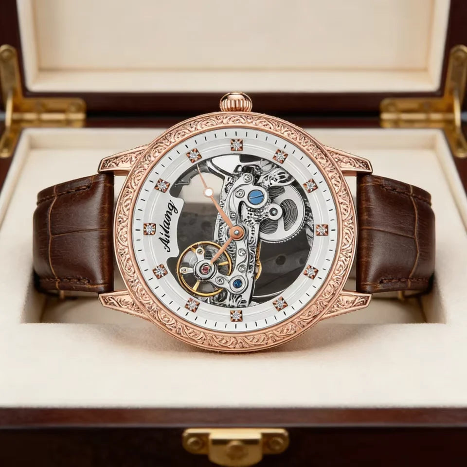 High-End Waterproof Automatic Mechanical Watch with Genuine Leather Strap And Stainless Steel Transparent Back Cover