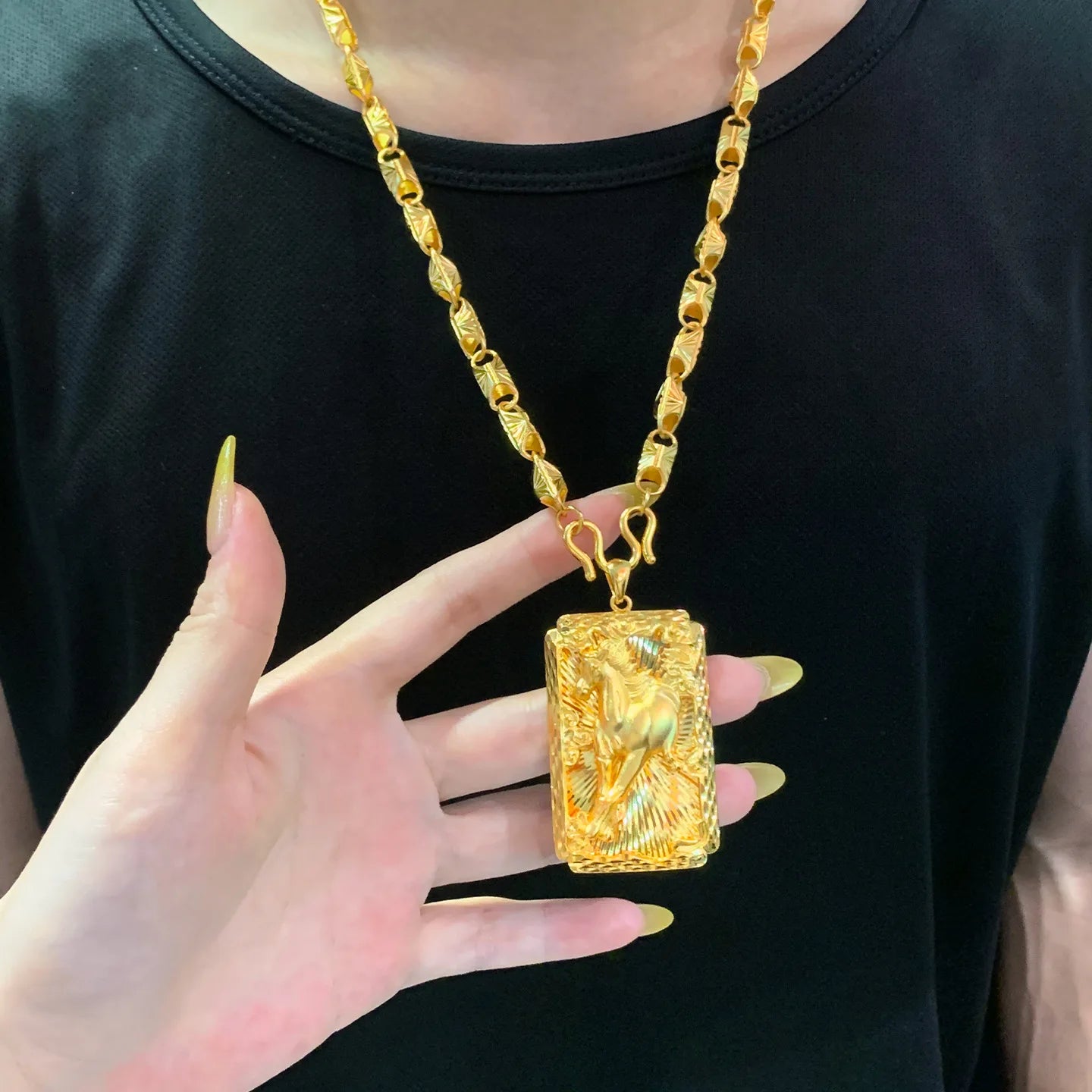 Luxury 24K 9999 Pure Gold real gold Men's Horse to Success Pendant Necklace