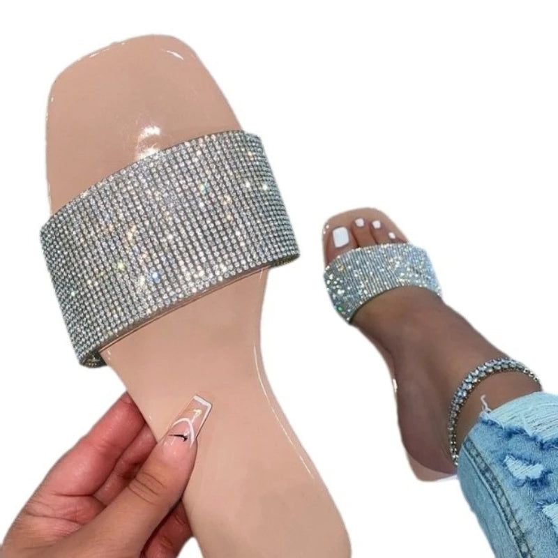 Summer Sandals Women Flip Flops Rhinestone Flat Sandals Ladies Slippers Shoes Female Round Toe Bling Luxury Sandalias Mujer